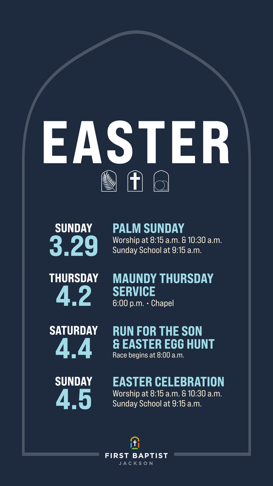 Social media graphic for Sunday Nights at Hinds County, March 15, 22, and 29, in Fellowship Hall East at 6:00 p.m. The background photo shows Pastor Chip Stevens speaking to a large group of people.